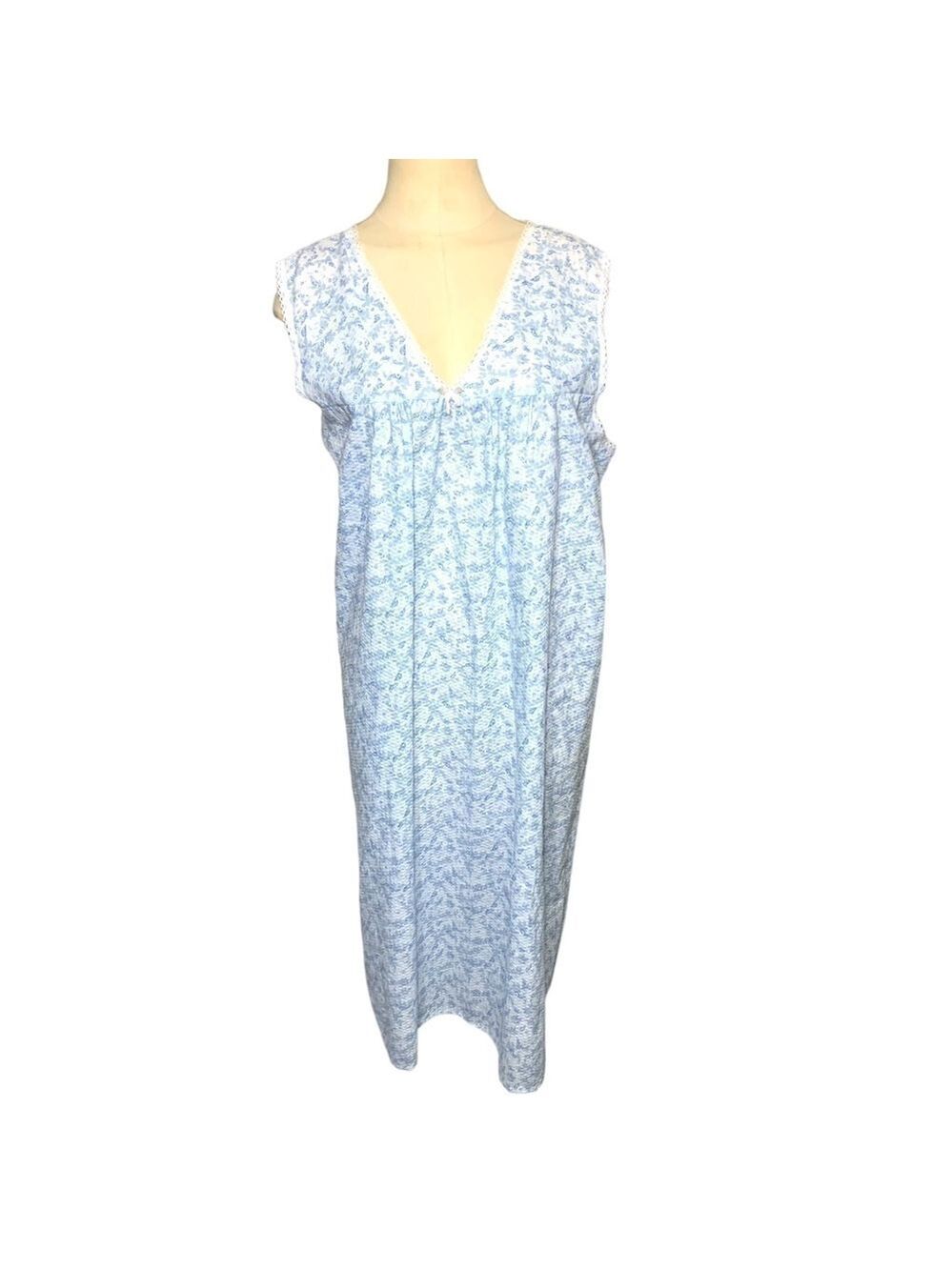 Vintage Nightgown Sz L Blue White Floral Lace Sleeveless Midi Length Prairie